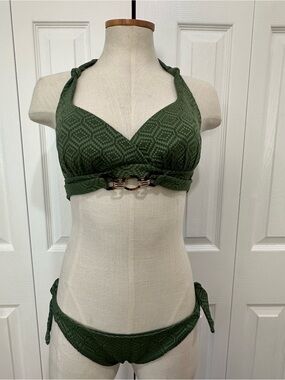 Olive Green Textured Bikini Set with Gold Accent